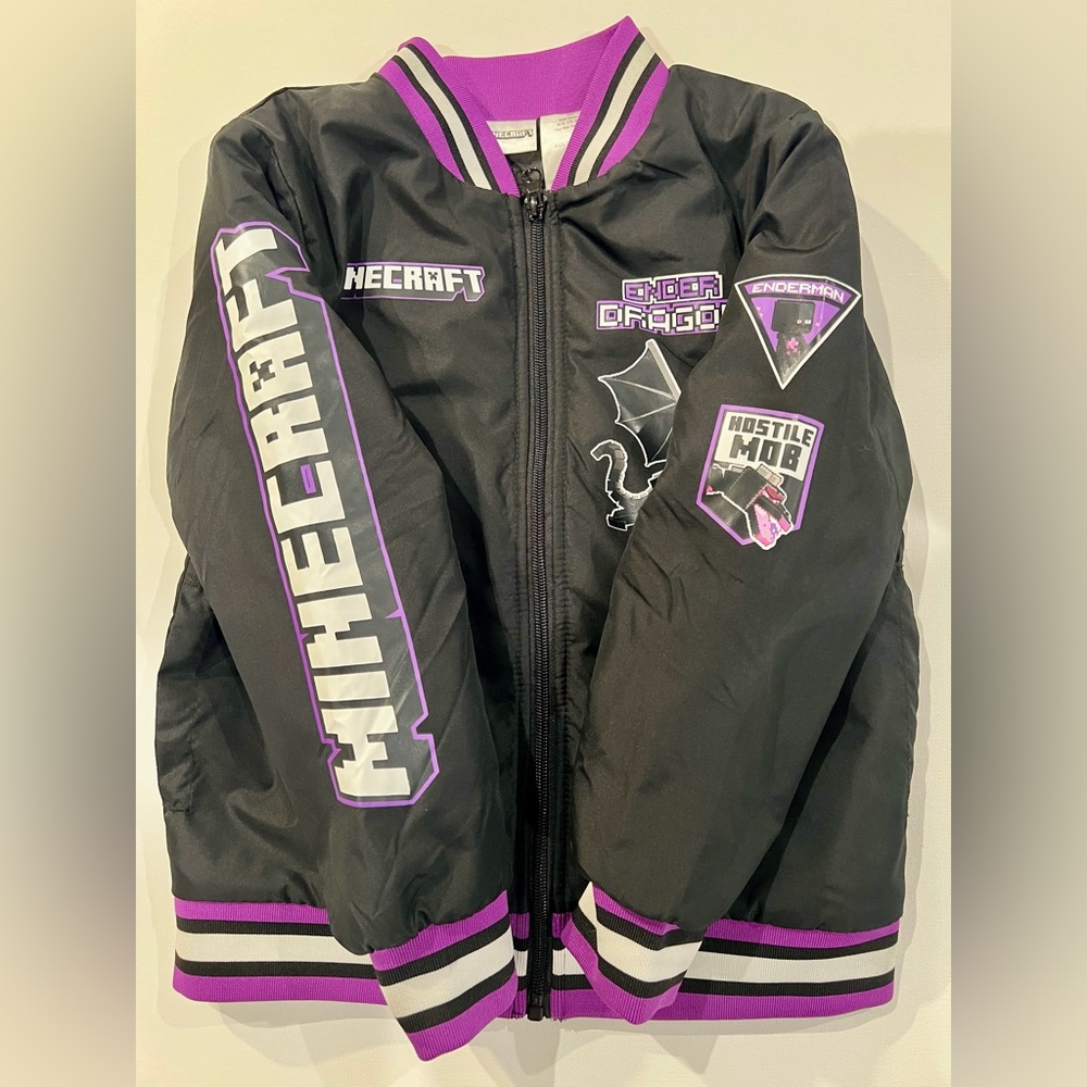 Minecraft Ender Dragon Bomber Jacket Kids Black and Purple Puffer Size 7 Unique - Picture 9 of 12